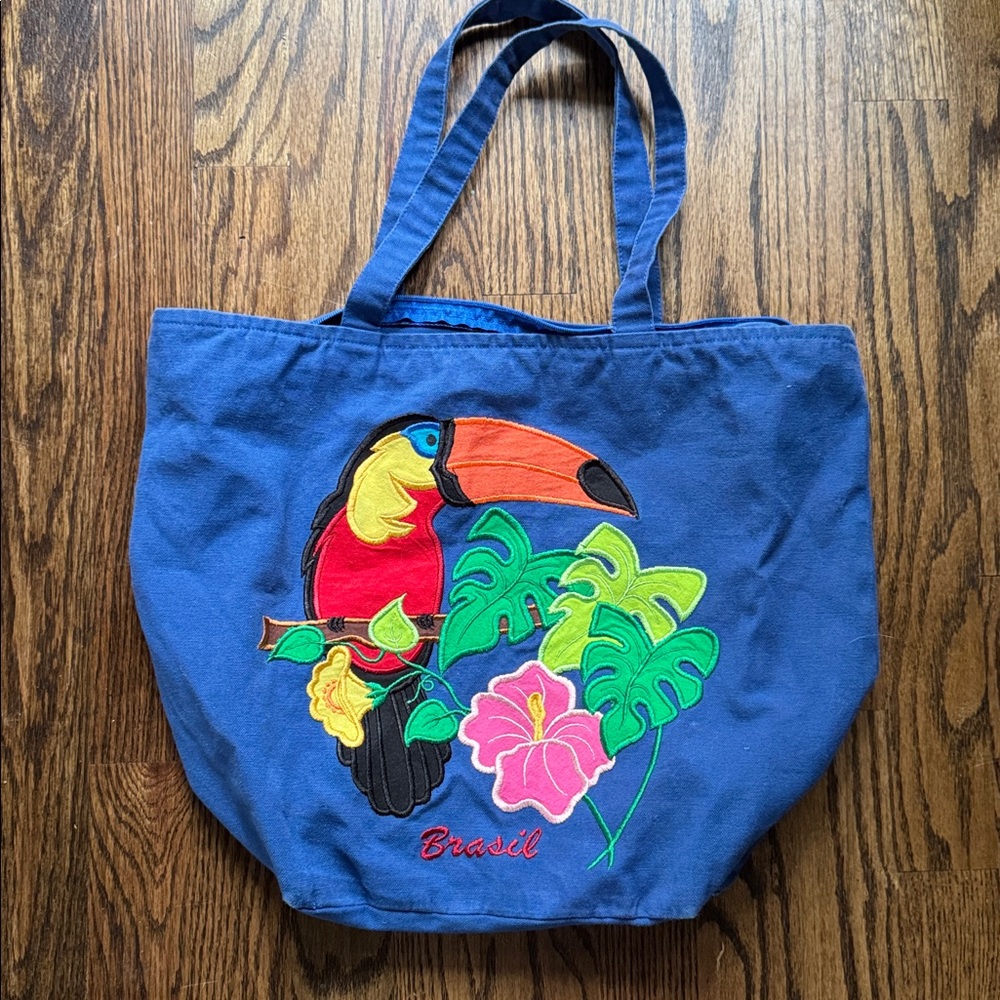 Colorful Vintage Embroidered Brasil Toucan Palm Hibiscus 🌺 Tote Bag